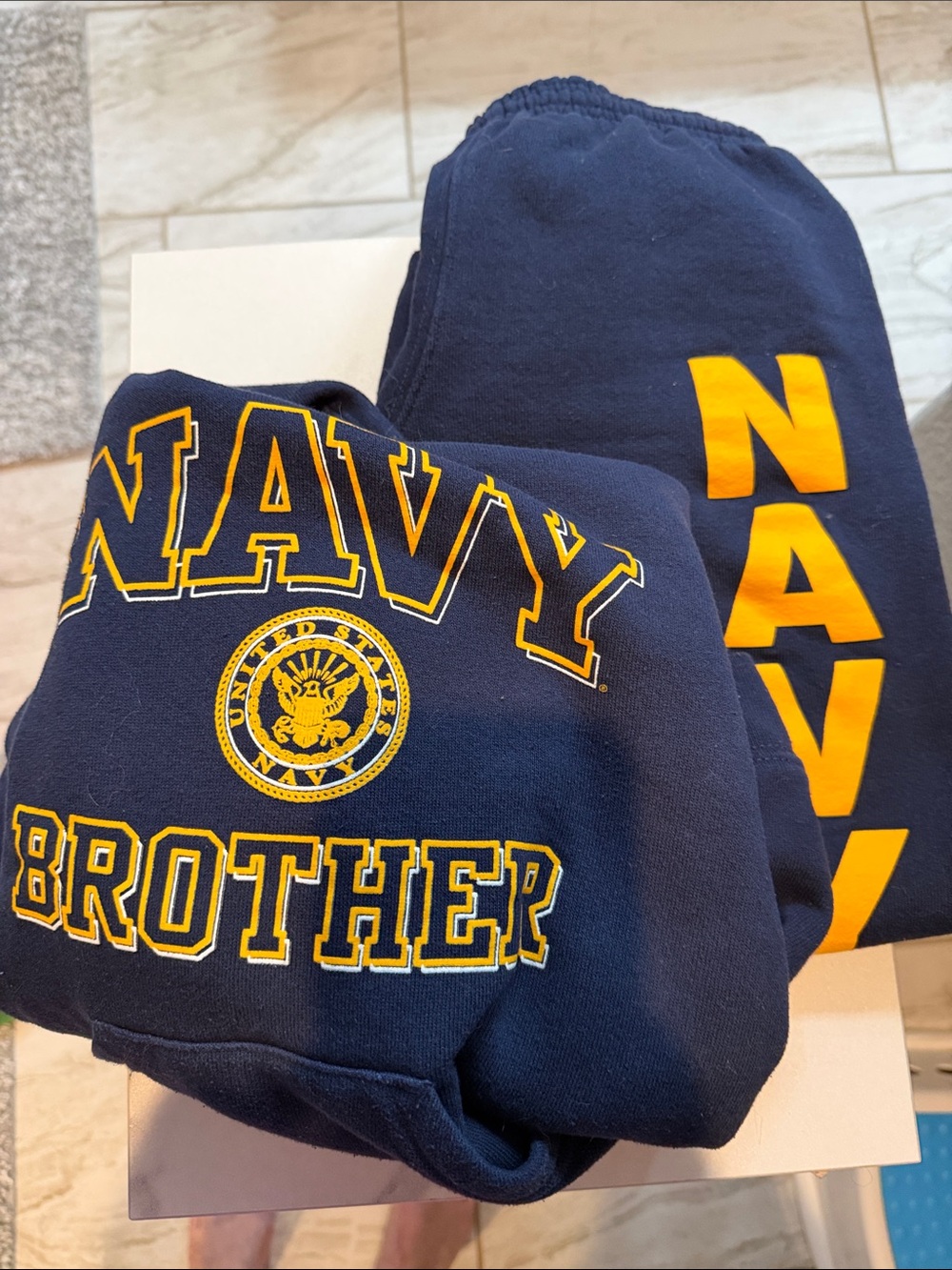 Navy Graphic Sweatshirt and Sweatpants Set - Navy with Yellow Lettering